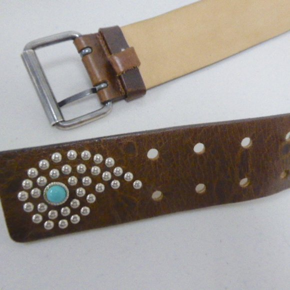 Streets Ahead leather belt brown studded turquoise paisley silver buckle L USA main image 4
